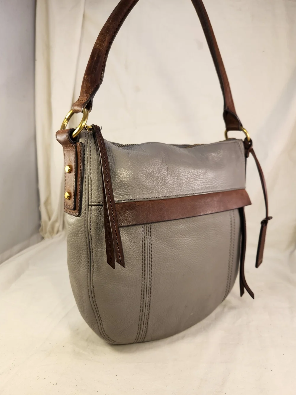 FOSSIL PEBBLED LEATHER GRAY BROWN HAND SHOULDER BAG PURSE EUC